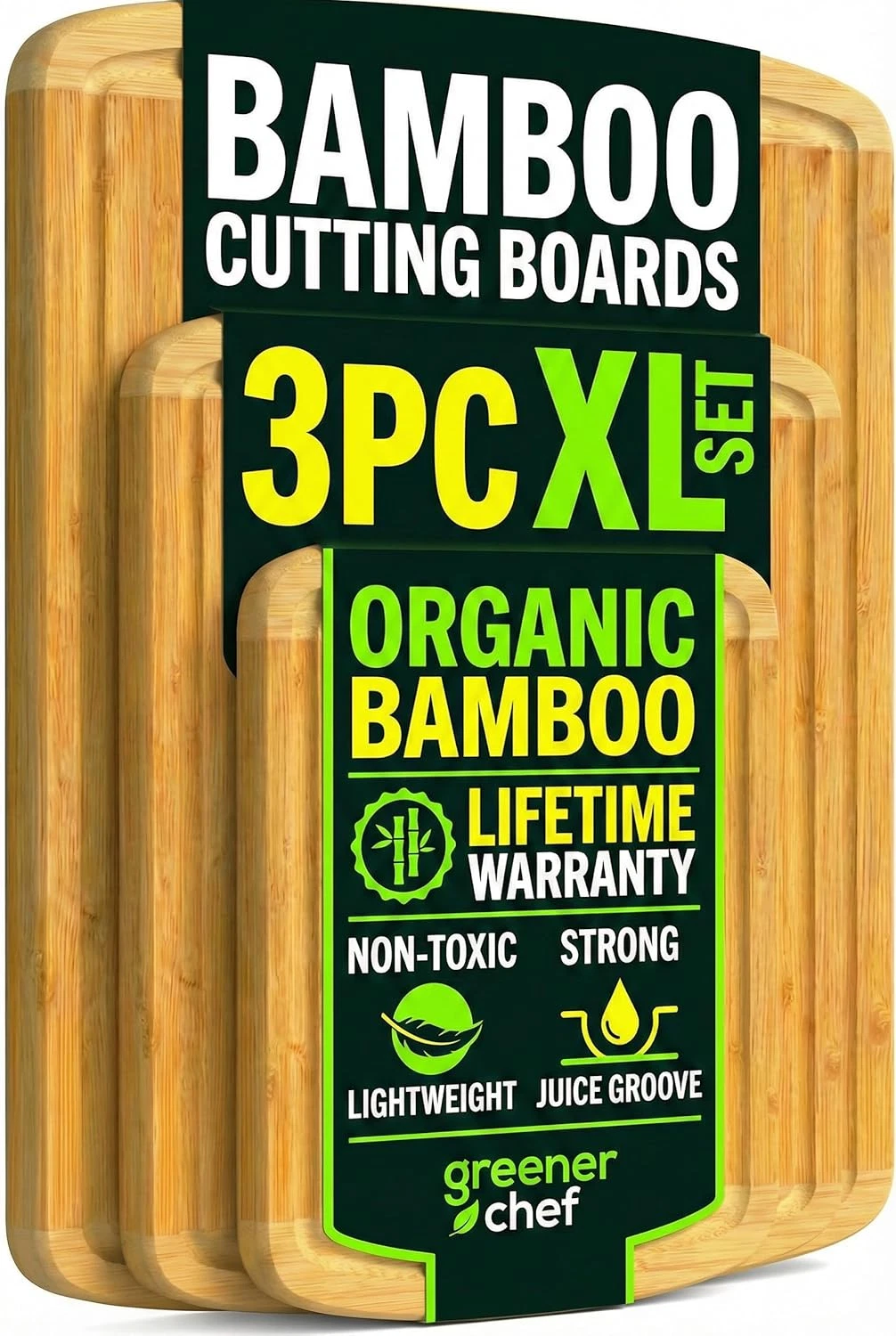 Organic Bamboo Cutting Board Set of 3 XL w/ Juice Grooves Durable & Non-Toxic