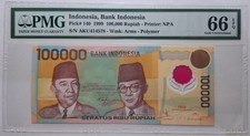 Indonesia Banknotes 100000 100.000 Rupiah 1999 Polymer PMG 66 EPQ - P.140