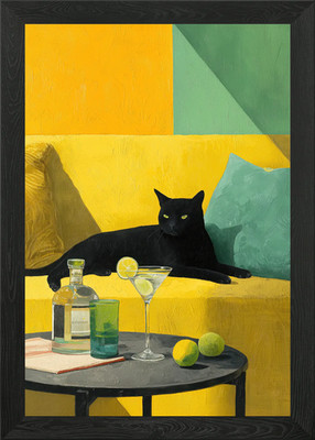 Schwarze Katze auf gelber Couch gerahmtes Wandbild Poster Leinwanddruck Bild
