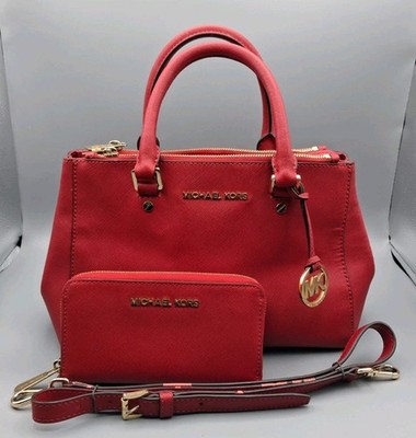 Michael Kors Sutton Red Satchel Saffiano Leather Structured Purse Bag & Wallet
