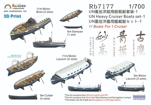 Rainbow RB7177 1/700 Detail Up IJN Heavy Cruiser Boats set-1 [3DP+PE+Decal] - Picture 1 of 2