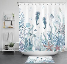 Coastal Blue Ocean Seashell and Seahorse Shower Curtain Set for Bathroom Decor
