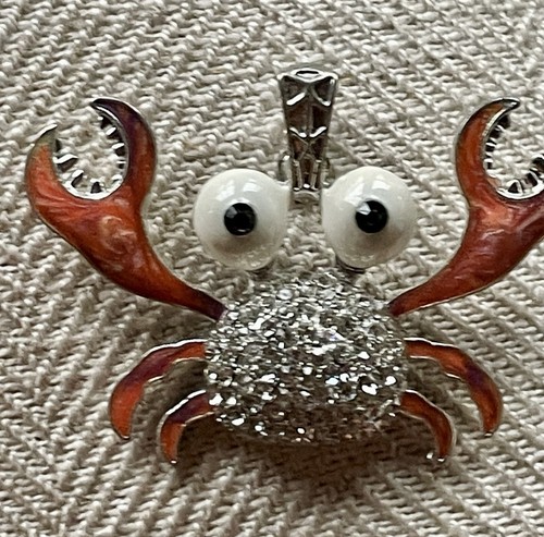 White Gold Red Crab Claws Pendant Rhinestone Fun Pendant Signed “S” - Picture 2 of 8