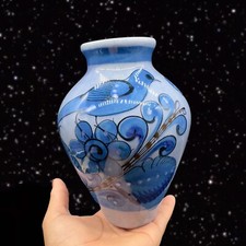 Mexico Folk Art Pottery Vase Hand Painted Blue Bird Butterfly Pottery Ceramic 7  