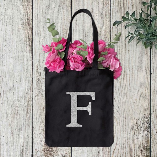 Personalised Initial Black Tote Bag Alphabet Letter Cotton Shoulder Shopper A-Z - Picture 10 of 15