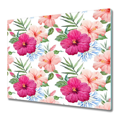 Tempered Glass Cutting Board Worktop Saver Hibiscus flower Floral pink 60x52