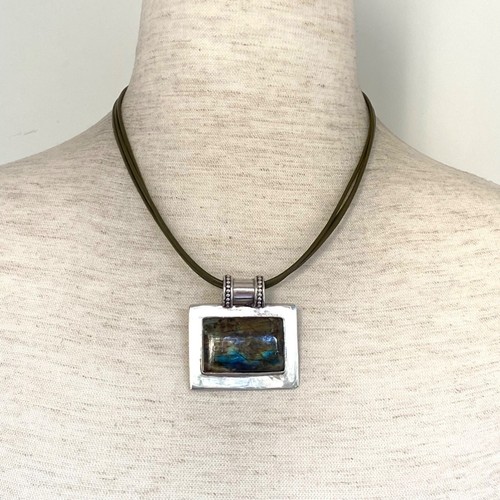 Sterling Silver 925 Chunky Rectangular Labradorite Slide Pendant Necklace 18" - Picture 2 of 22