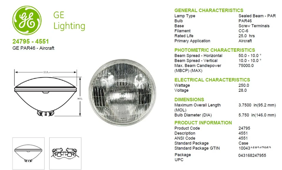 4 Pack GE 4551 Aircraft Aviation Taxi Lamp, 28 Volt PAR46, 28V, 250W Watt PAR 46 - Image 2 of 4