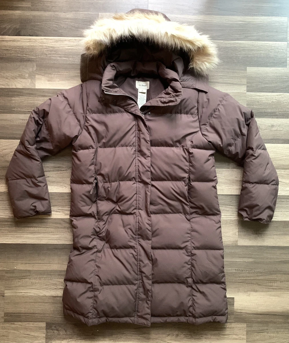 LL Bean Goose Down Puffer Coat Womens Medium Brown Quilted Hooded Parka EUC  | eBay