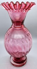 Fenton Cranberry Optic Dots Glass Vase. Crimped Edge. Preferred Second. Perfect