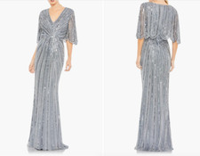 MAC DUGGAL 93583 SEQUINED V-NECK CAPE SLEEVE COLUMN SLATE BLUE GOWN 18