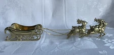 VTG Solid Brass Reindeer with Sleigh Christmas Decor Centerpiece Mantel w Box