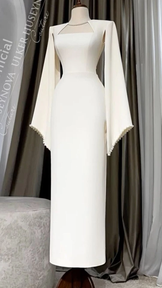 Vestidos de novia satinados mangas largas blancos elegantes años 60 vaina marfil vestidos de novia Foto 4 de 4