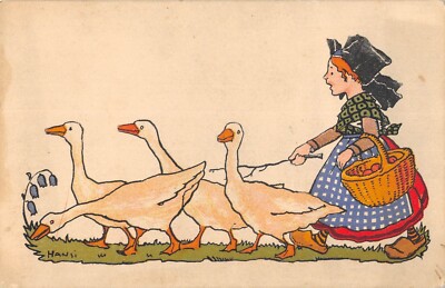 Old postcard illustrator / Hansi / Alsatian girls with geese