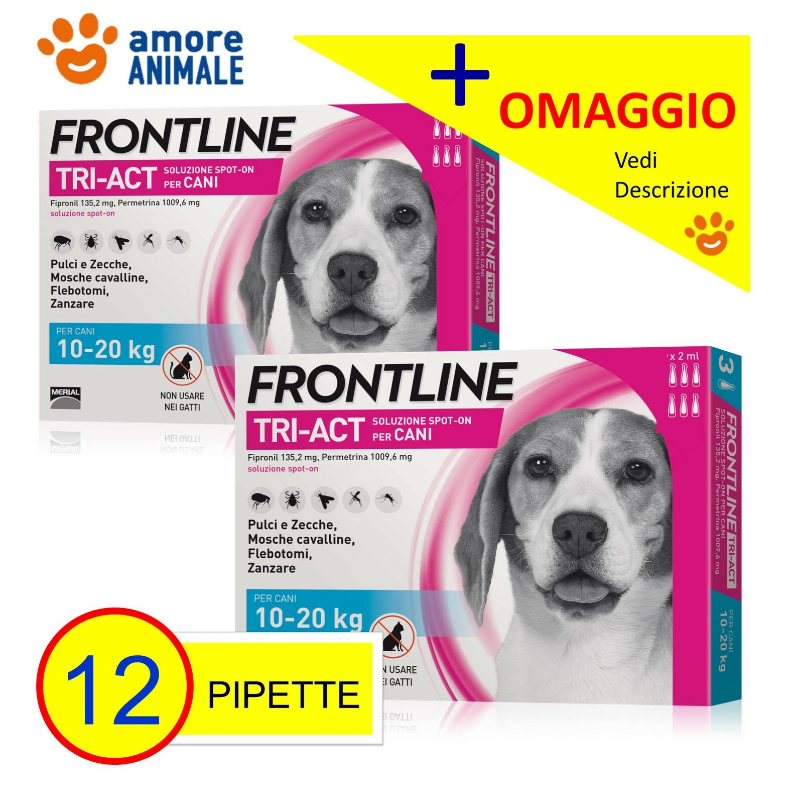 2 CONFEZIONI (+OV) Frontline TRI-ACT 6 pipette x cani 10-20 kg Antiparassitario