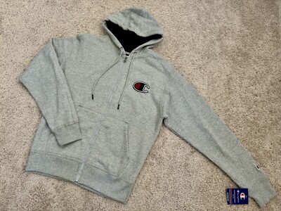 Champion Mens Big C Logo Patch Full-Zip Hoodie Sweatshirt Grey