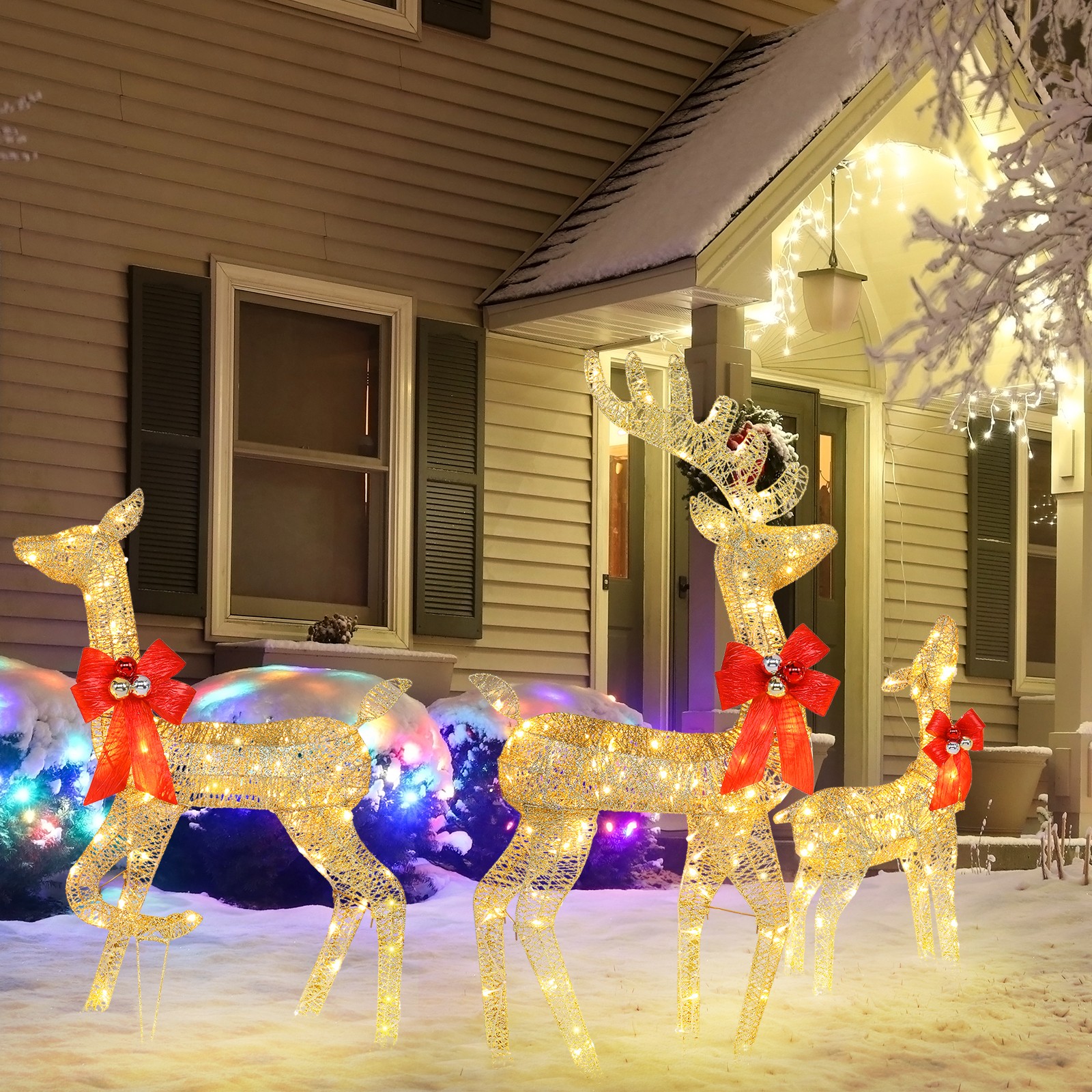 3-Piece Christmas Gold Reindeer Family Lighted Deer Set for Indoor Outdoor Yard