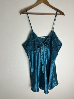 Vintage Inner Most Blue Satin Deep V Babydoll Nightie Nightgown L Large Lace