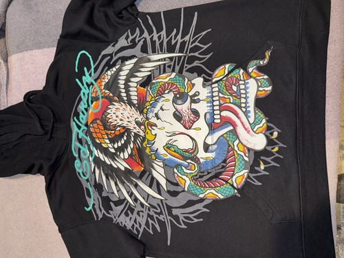 Vintage Ed Hardy Hoodie L Tattoo Graphic Skull Eagle Black Pullover Streetwear - Picture 4 of 7