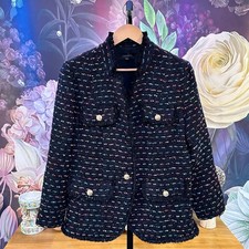 Talbots L Tweed Blazer Jacket Multicolor Metallic Thread Navy Frayed Collar