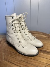 Vintage Justin Lace-Up Boots Women 6B Pearl White Leather USA Made