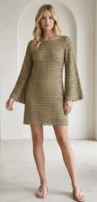 Womens Gold Crochet Lace Bell Sleeve Dress Size Small Summer Resort Beachy Chic