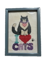 Handmade  I Love Cats  Cross Stitch Framed Tuxedo Cat Needlepoint Wall Art
