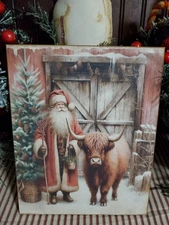 DARLING PRIMITIVE FARM BARN VINTAGE STYLE CHRISTMAS HIGHLAND COW AND SANTA SIGN