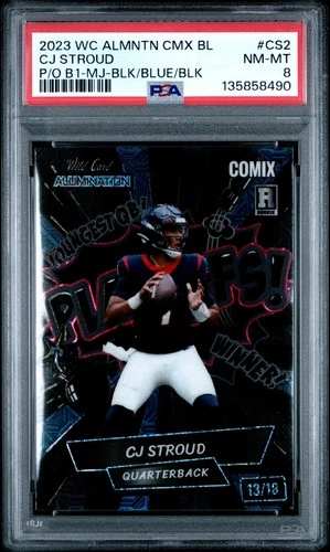 8490 CJ Stroud 2023 Wild Card Alumination Comix Black Label Blue /18 PSA 8