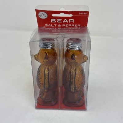 Kikkerland Salt & Pepper Shakers Amber Glass Bears Retro Kitchen New