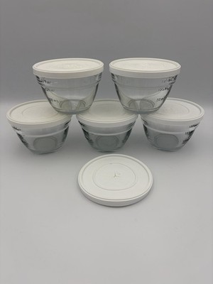 Lot of 5 Pampered Chef Clear Glass Prep Measuring Bowls 3/4 Cup 175 ml  & 6 lids