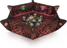 Byhoo Crocodile Pattern DND Dice Tray, Foldable Hexagonal Rolling Red 