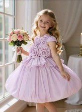 AL6106 Girls Purple Floral Applique Tulle Dress Formal Party Wedding 4year8 ,6