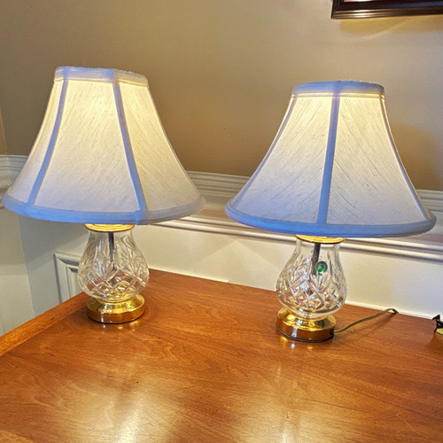 Waterford Pair Crystal Table Lamps w/ White Shades Clear Gold Polished