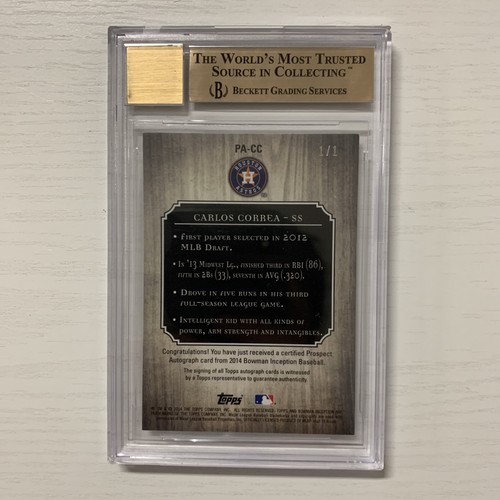 2014 Bowman Inception Carlos Correa Auto Printing Plate Cyan 1/1 BGS 9.5 Auto 10 - Picture 2 of 5