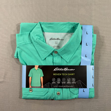 NWT Eddie Bauer Woven Tech Shirt Mens Large Green Short Sleeve Button Fishing