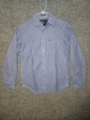 American Eagle AEO Men's XS Athletic Fit Blue White Stripe Button Up Shirt