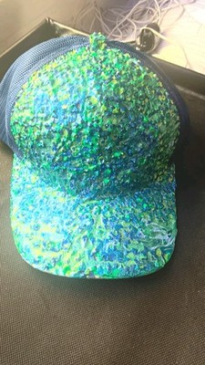 Hand painted blue and green trucker snap back cap 1 of a kind