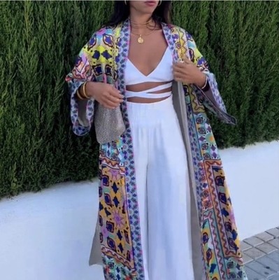 NWT Zara size S Boho Multicolor Chic Kimono Robe Travel Resort Silky Sexy Artsy