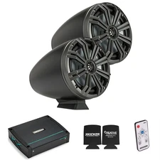 Kicker KMFC8 8" Flat Mount Charcoal Tower Speakers with KXM4002 Marine Amplifier