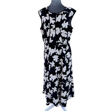 Ann Taylor Floral A-Line Midi Dress - Black/Navy/Cream Size 12