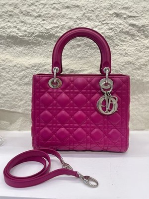 Dior Lady Dior 5 Grid Rose Lambskin Silver Tone Code 14 Bag 23cm
