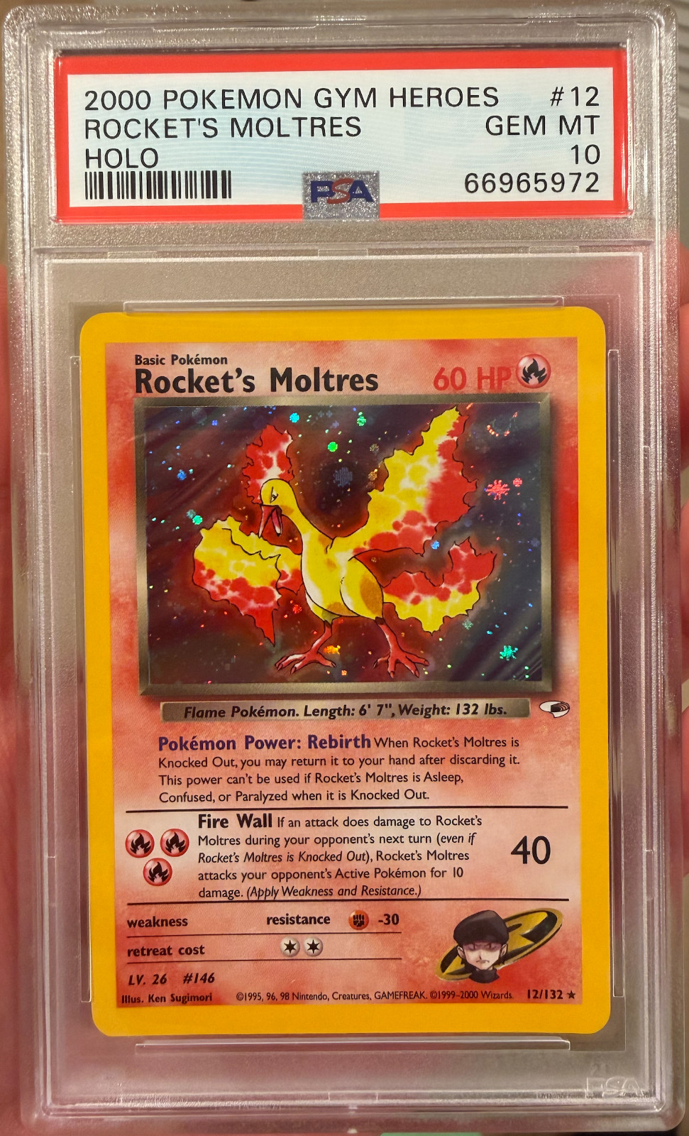 PSA 10 GEM MINT Rocket's Moltres 12/132 HOLO Gym Heroes Pokemon Card 2000 POP 64
