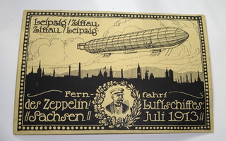 AIRMAIL POSTCARD LONG DISTANCE TRAVEL ZEPPELIN AIRSHIP SAXONY 1913 LEIPZIG ZITTAU