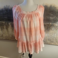 Chaps Pink & White Plaid Ruffle Tunic Blouse Square Neck Long Puff Sleeve M