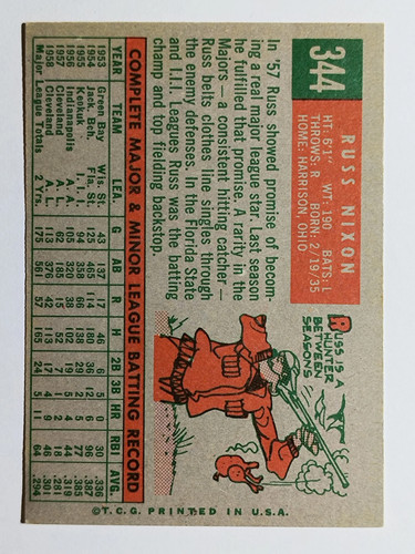 1959 Topps #344 Russ Nixon (VG) - Picture 2 of 2