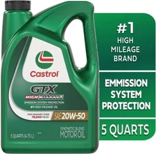 High Mileage Motor Oil 20W-50 Synthetic Vehicle Life Extend Castrol GTX 5 Quart