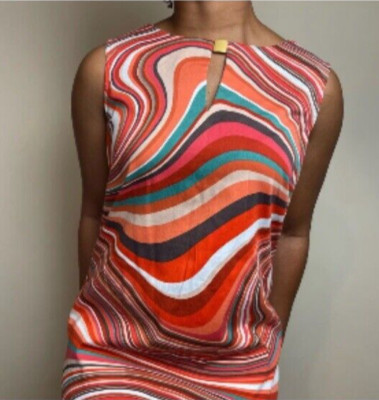 TAHARI ASL Orange & teal swirls sleeveless shift dress knee length Woman s 8