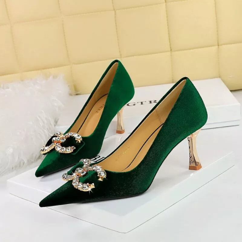 Zapatos de Salón Mujer 7 CM Verde Terciopelo Elegantes Cómodo Cuero Sintético