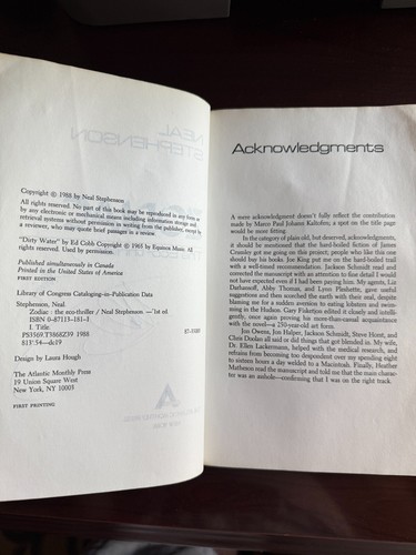 Neal Stephenson *SIGNED* "ZODIAC" The Eco-Thriller 1988 RARE 1st Edition & Print - Picture 4 of 8